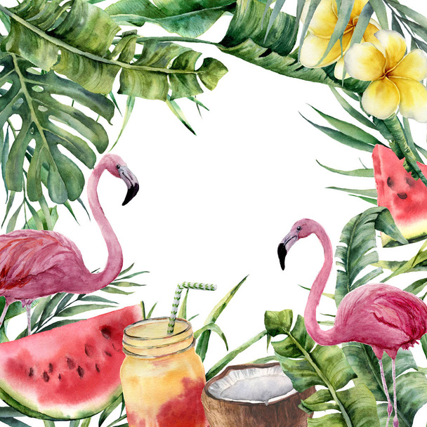 Palmiye dalı ve pembe flamingo suluboya tropikal çerçeveli. Kokteyl, karpuz ile boyalı çiçekli resimde yandan, Hindistan cevizi ve üzerinde beyaz izole plumeria için tasarım, kumaş arka plan veya yazıcı. - Fotoğraf, Görsel