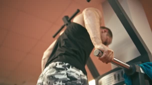 Bodybuilder in gym doing upright dip - Filmati, video