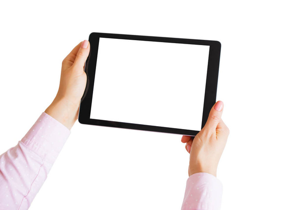 Mulher usando tablet digital. Mockup para o seu próprio design de aplicativo
. - Foto, Imagem