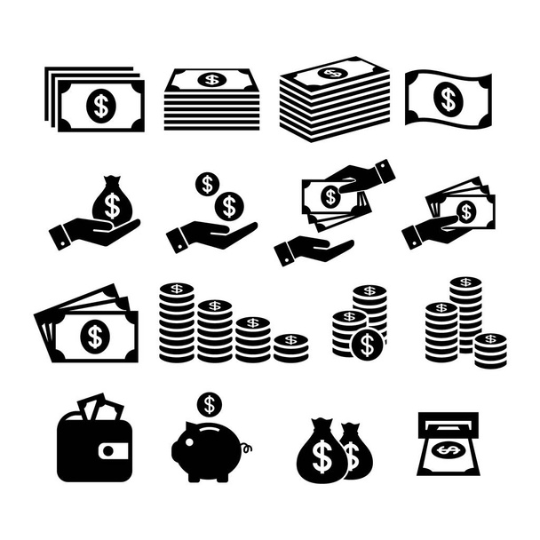 Finanzikone gesetzt. Geld-Symbole. Geldstapel, Münzstapel, Sparschwein, Geldbörse mit Geld, Barzahlung, Geldsymbole in der Hand. - Vektor, Bild