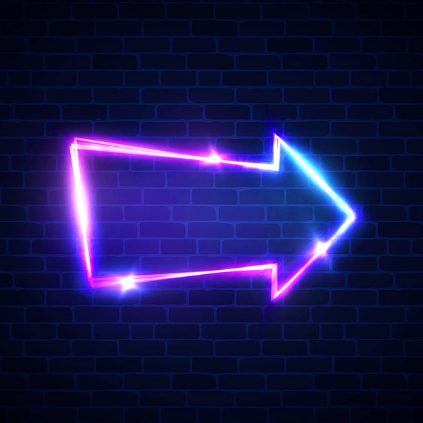 Realistic neon arrow sign hanging on brick wall. Electric light glowing signage for night club bar. Illuminated retro pointer with neon led lamp. Advertising vintage frame. Bright vector illustration. - Vektori, kuva