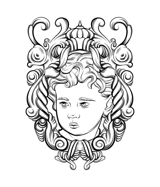 Vector hand drawn portrait of Cupid with baroque frame isolated. Illustration made in realistic style. Template for card, poster, banner, print for t-shirt, pin, badge and patch.  - Vector, Imagen