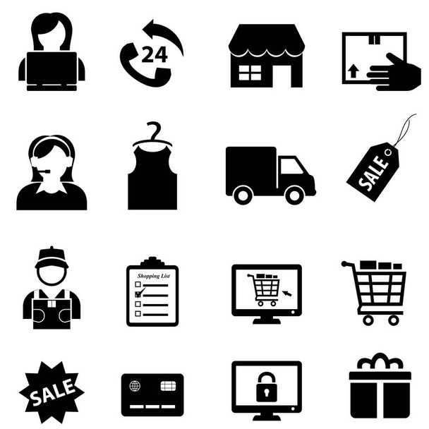 Icono de compras, venta al por menor, venta y comercio electrónico en línea en negro
 - Vector, imagen