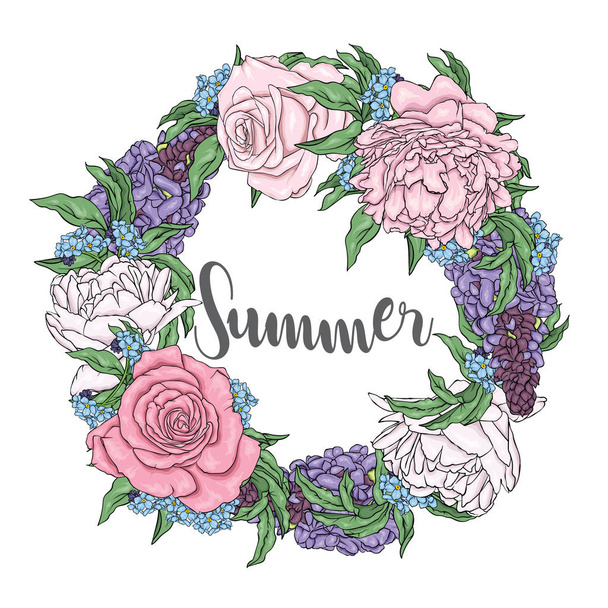 Coroa de peônias, rosas e wisteria. Flores delicadas. Jardim, primavera e verão. Ilustração vetorial
. - Vetor, Imagem