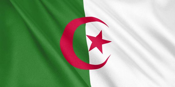 Bandera de Argelia ondeando con el viento, formato ancho, ilustración 3D. Renderizado 3D
. - Foto, imagen