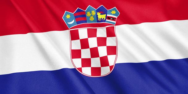 風、ワイド フォーマット、3 d イラストレーションを振っているクロアチアの旗。3 d レンダリング. - 写真・画像