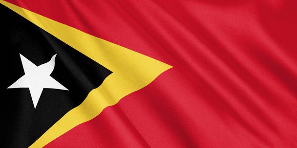 Східний Тимор прапор махав з вітром, широкий формат, 3d ілюстрації. 3D-рендерінг. - Фото, зображення