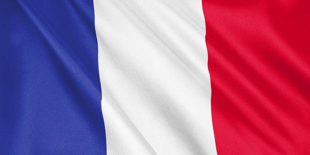 Γαλλία σημαία κυματίζει με τον άνεμο, ευρείας μορφής, 3d απεικόνιση. 3D rendering. - Φωτογραφία, εικόνα