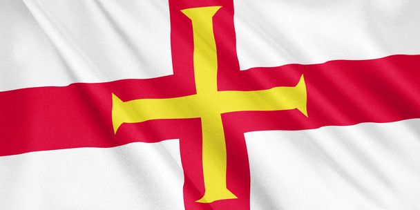 Bandera de Guernsey ondeando con el viento, formato ancho, ilustración 3D. Renderizado 3D
. - Foto, imagen