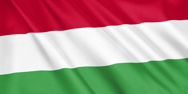 ハンガリーの国旗風、ワイド フォーマット、3 d イラストに手を振っています。3 d レンダリング. - 写真・画像