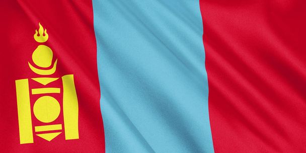 Bandera de Mongolia ondeando con el viento, formato ancho, ilustración 3D. Renderizado 3D
. - Foto, imagen