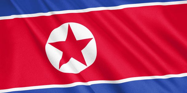 風、ワイド フォーマット、3 d イラストレーションを振っている北朝鮮の旗。3 d レンダリング. - 写真・画像