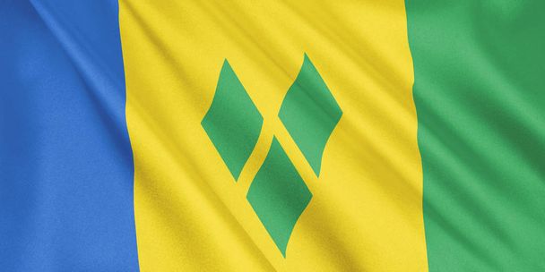 Άγιος Βικέντιος και Γρεναδίνες σημαία κυματίζει με τον άνεμο, ευρείας μορφής, 3d απεικόνιση. 3D rendering. - Φωτογραφία, εικόνα
