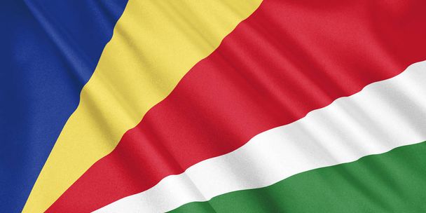 Bandera de Seychelles ondeando con el viento, formato ancho, ilustración 3D. Renderizado 3D
. - Foto, imagen