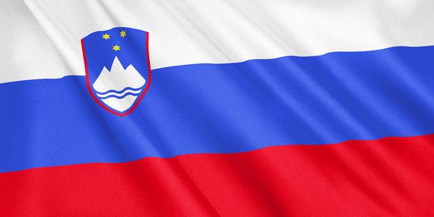 Флаг Словении, размахивающий ветром, широкий формат, 3D иллюстрация. 3D рендеринг
. - Фото, изображение