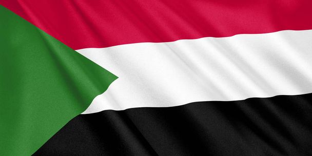 スーダンの国旗風、ワイド フォーマット、3 d イラストに手を振っています。3 d レンダリング. - 写真・画像
