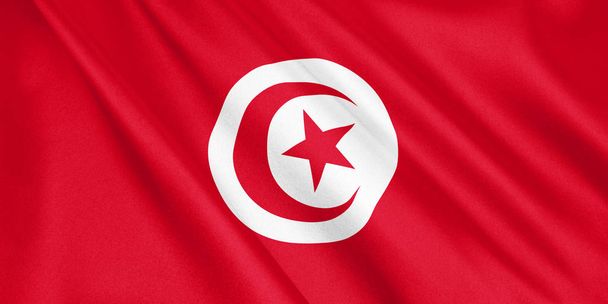 Bandera de Tunusia ondeando con el viento, formato ancho, ilustración 3D. Renderizado 3D
. - Foto, Imagen