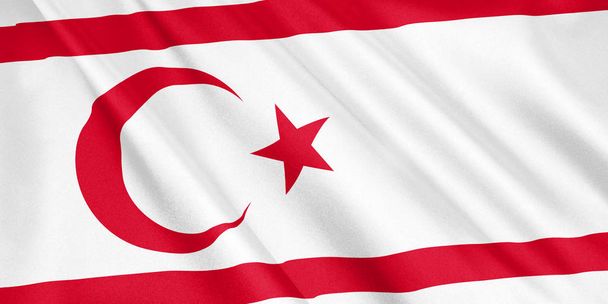 Turkin tasavalta Pohjois-Kyproksen lippu heiluttaa tuuli, leveä muoto, 3D-kuva. 3D-renderointi
. - Valokuva, kuva