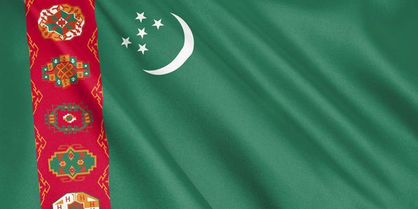 Bandera de Turkmenistán ondeando con el viento, formato ancho, ilustración 3D. Renderizado 3D
. - Foto, imagen