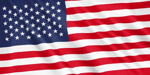 Amerika Birleşik Devletleri bayrağı sallayarak Rüzgar, geniş format, 3d çizim ile. 3D render. - Fotoğraf, Görsel