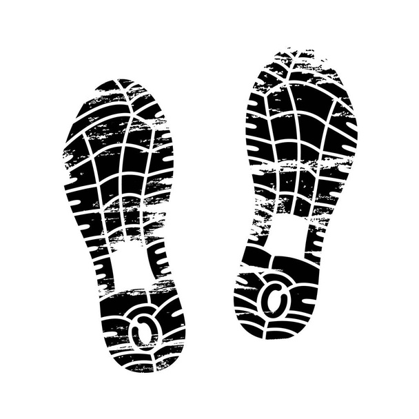 Voetafdrukken en sporen pictogram in zwart-wit met blote voeten en de afdruk van de zolen met patronen van mannelijke en vrouwelijke schoenen. Schoenen laarzen Impressum - Vector, afbeelding