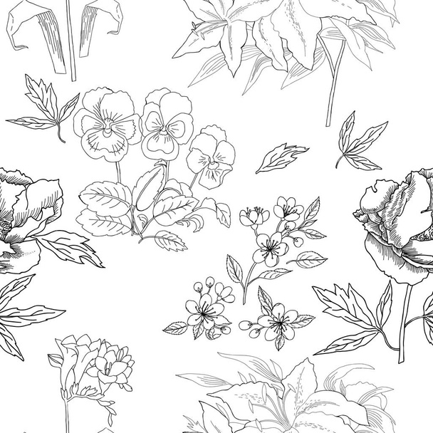  Seamless Pattern with Flowers Sketches. Hand drawn botanical el - Vektör, Görsel