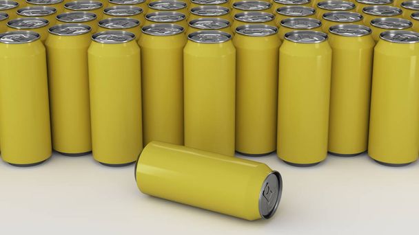 Big yellow soda cans on white background. Beverage mockup. Tin package of beer or drink. 3D rendering illustration - Photo, image