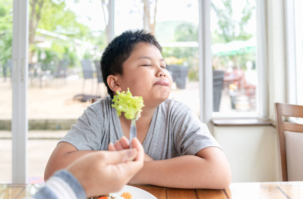 gordito obeso con expresión de disgusto contra las verduras, rechazando el concepto de comida
 - Foto, imagen