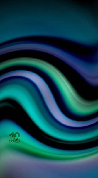 Folyadék szivárvány színei a fekete háttér, vektor hullám vonalak és kavarog - Vektor, kép