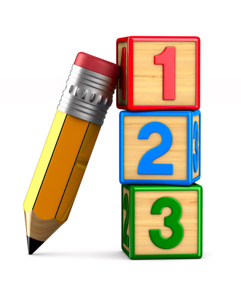 block with number and pencil on white background. Isolated 3D illustration - Foto, Imagen