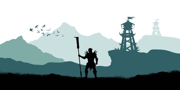 schwarze Silhouette des Ork-Kriegers auf dem Hintergrund des Turms. Fantasielandschaft. Mittelalterpanorama. Szene mit Schlachtwarte - Vektor, Bild