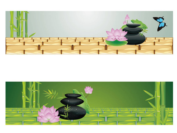Black pebbles pile, zen stones heap with flower and bamboo banners on white background. - Vector, Image