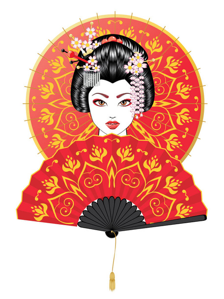 Портрет гейші зі східним шанувальником і декоративною ілюстрацією парасольки
. - Вектор, зображення