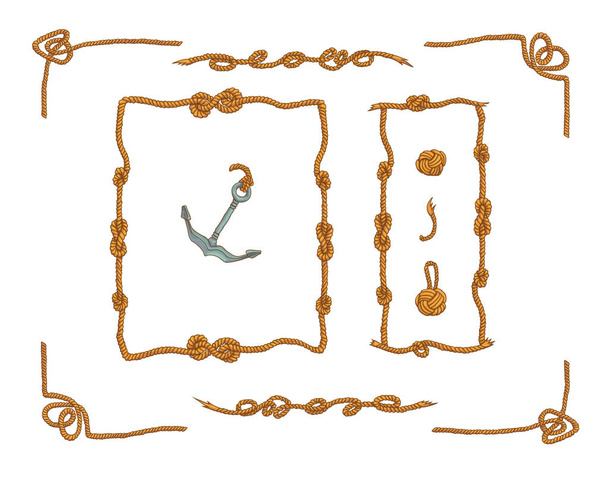 Mariene touw frames en knots geïsoleerde vector set - Vector, afbeelding