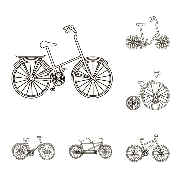 Varie biciclette delineano icone nella collezione set per il design. Il tipo di trasporto vettore simbolo stock web illustrazione
. - Vettoriali, immagini