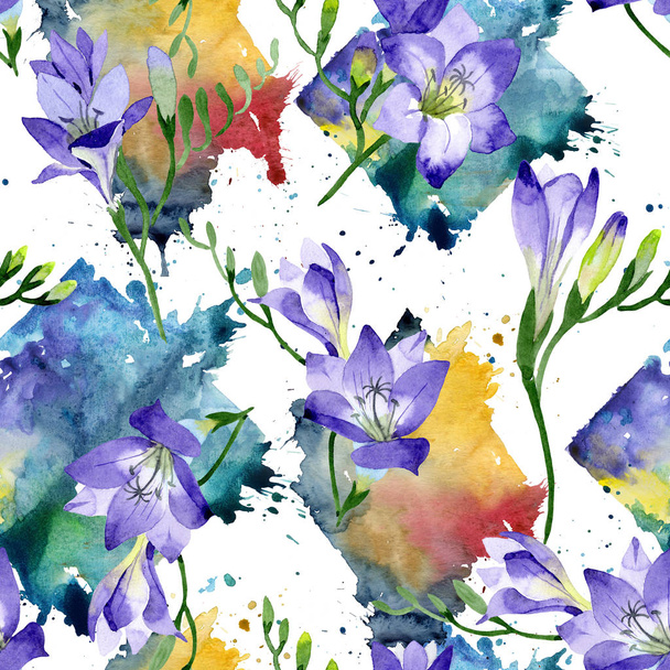 Purple freesia. Seamless background pattern. Fabric wallpaper print texture. Aquarelle wildflower for background, texture, wrapper pattern, frame or border. - Zdjęcie, obraz