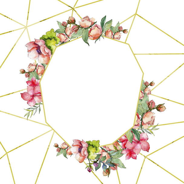 Pink bouquet wildflower. Frame border ornament square. Aquarelle wildflower for background, texture, wrapper pattern, frame or border. - Fotoğraf, Görsel