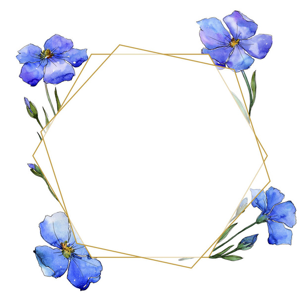 Blauwe vlas. Floral botanische bloem. Frame grens ornament vierkant. Aquarelle wildflower voor achtergrond, textuur, wrapper patroon, frame of rand. - Foto, afbeelding