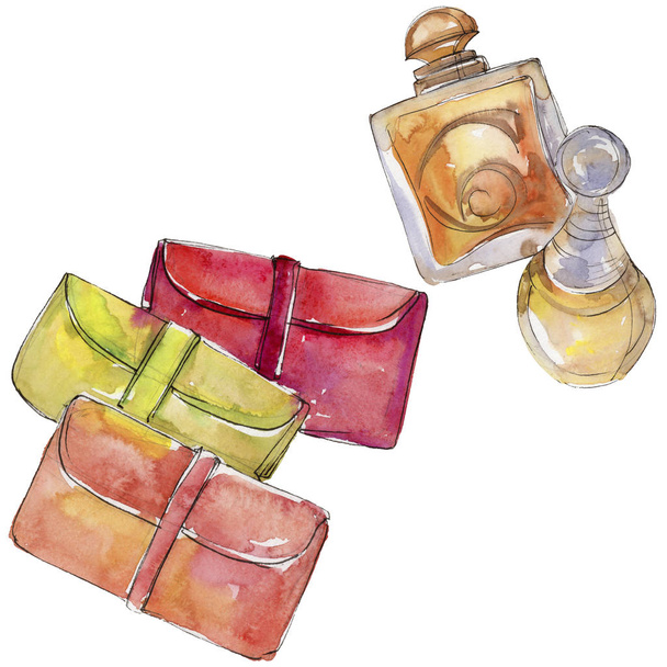Perfume sketch and clutch fashion glamour illustration in a watercolor style isolated. Aquarelle fashion sketch for background, texture, wrapper pattern, frame or border. - Fotó, kép
