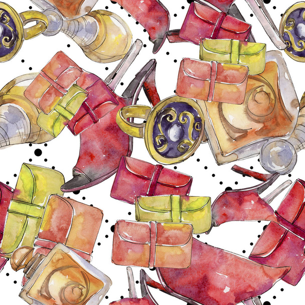 Fashionable accessories sketch fashion glamour illustration in a watercolor style. Seamless background pattern. Aquarelle fashion sketch for background, texture, wrapper pattern, frame or border. - Fotografie, Obrázek