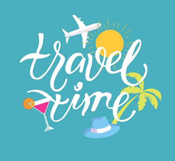 Travel time banner - hand drawn lettering - Vector, imagen