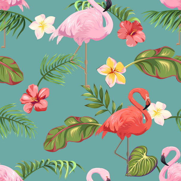 Saumaton kuvio flamingoilla ja trooppisilla kasveilla
 - Vektori, kuva