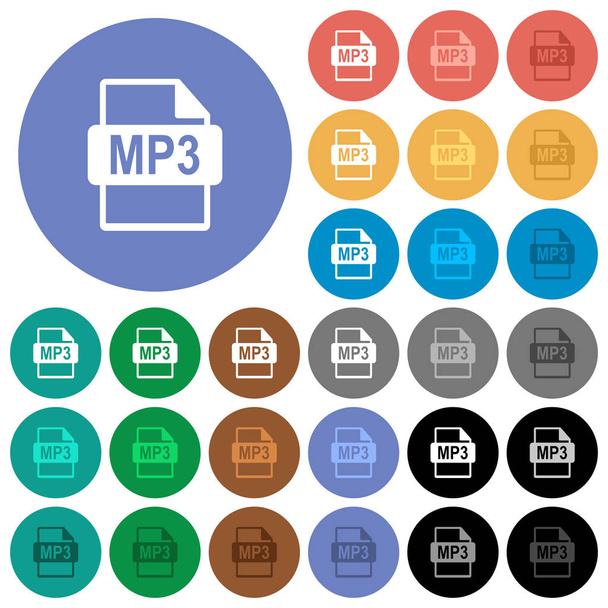 MP3 fájl formátum multi színes lapos kerek háttér ikonok. Tartalmazza a fehér, a világos és a sötét ikon eltérések hover és aktív állapot hatások, és a bónusz árnyalatok a fekete backgounds. - Vektor, kép
