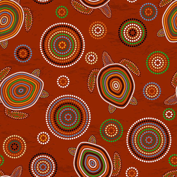 Australian Aboriginal művészet. Pont a rajzon. Tengeri teknősök. Varrat nélküli mintát. Barna háttér - Vektor, kép
