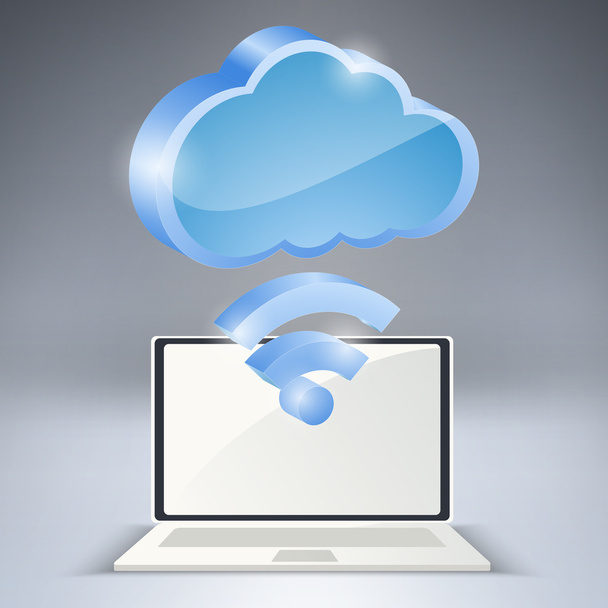 laptop és a vezeték nélküli hálózat felhő. vektoros illusztráció. - Vektor, kép