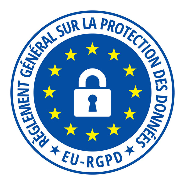 Vector Εικονογράφηση Σχεδιασμός της ΕΕ-ΑΕγχΠΠ επίπεδη ετικέτα με το κείμενο κανονισμού προστασίας γενικά στοιχεία και λουκέτο σημάδι  - Διάνυσμα, εικόνα