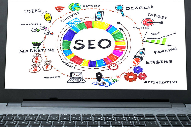 SEO Search Engine Optimization Internet Digital Concept,marketing e-commerce, online banking payment, and VOIP voice over internet protocol technology on Notebook - Photo, image