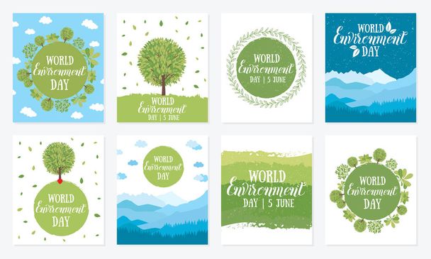 Всесвітній день довкілля. Векторні ілюстрації зі словами, дерев'яна вивіска і зелене листя. Концепція екологічної екології. Набір плакатів
 - Вектор, зображення