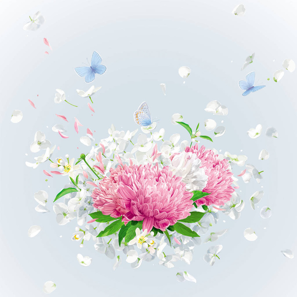 Summer wind - luxurious white vector Hydrangea flower,  Apple blossom, Pink Chrysanthemums with flying petals in watercolor style for 8 March, wedding, Valentine's Day,  Mother's Day, seasonal  sales - Vector, imagen