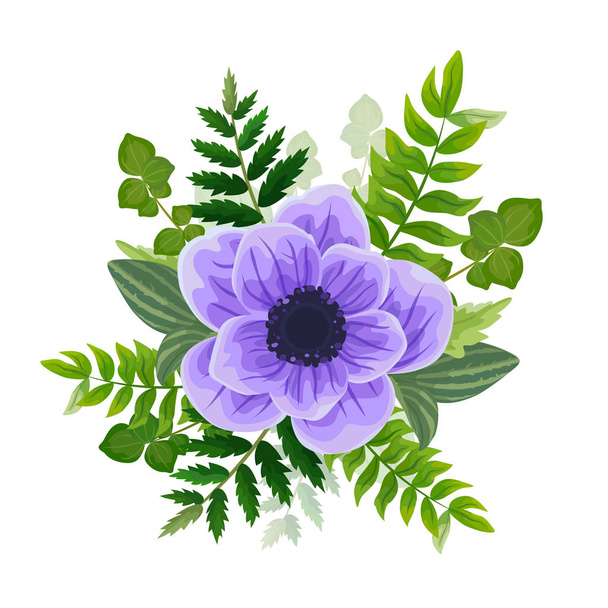 Bruiloft uitnodigingskaart. Mooie sjabloon. Kaart design met violet anemone bloem, bos groen varens, planten, groene bladeren. - Foto, afbeelding
